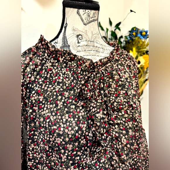 Buddy Love Brown and Cream Ruffled 3/4 Bell flowy Sleeves sheerBlouse size Med - Picture 2 of 10